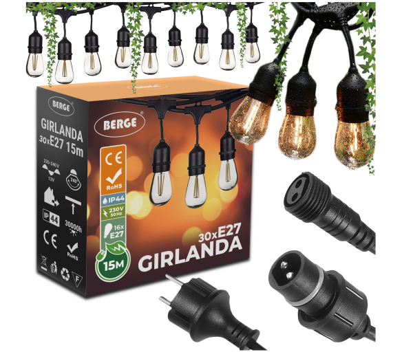 Zahradní girlanda 15m + 31x 1W LED žárovka