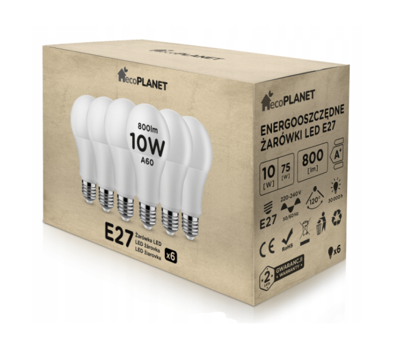 6x LED žárovka - ecoPLANET - E27 - 10W - 800Lm - neutrální bílá