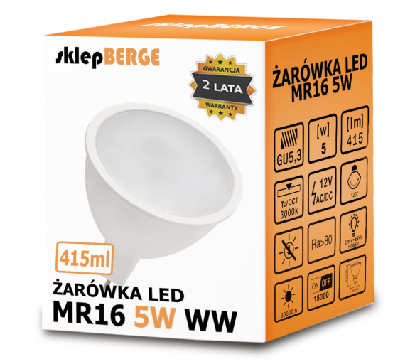 LED žárovka 12V - MR16 - 5W - 415 lm - teplá bílá